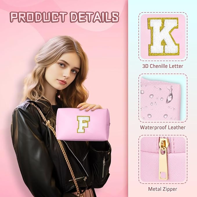 TOPEAST Preppy Small Makeup Bag, Chenille Letter Pouch Cosmetic Bag With Zipper, PU Leather Waterproof Toiletry Bag, Personalized Birthday Gift for Women, Cute Stuff for Girls (Pink D)