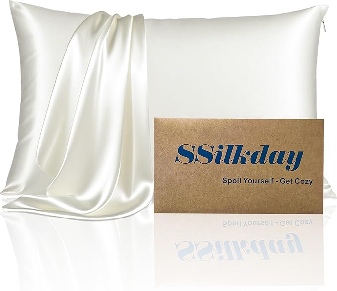 Mulberry Silk Pillow Cases with Zipper, Ultra Smooth Soft Breathable Cooling Pillow Cases for Hot Sleepers, Silk Satin Pillowcase for Hair and Skin, Gifts for Women (Ivory, Queen Size, 1 Pack)