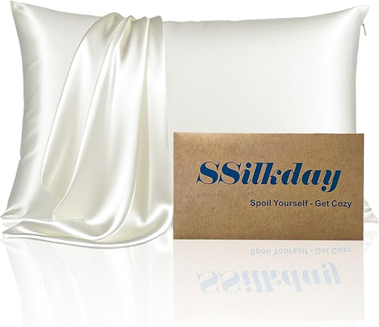 Mulberry Silk Pillow Cases with Zipper, Ultra Smooth Soft Breathable Cooling Pillow Cases for Hot Sleepers, Silk Satin Pillowcase for Hair and Skin, Gifts for Women (Ivory, Queen Size, 1 Pack)