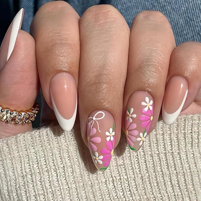 XZMeiLun French Tip Press On Nails Spring Summer Acrylic Nails for Women - Purpl Flower Designer Fake Nails Short Almond 24Pcs, Outdoor Picnic/Wedding/Party Reusable Glue On Stick On Nails