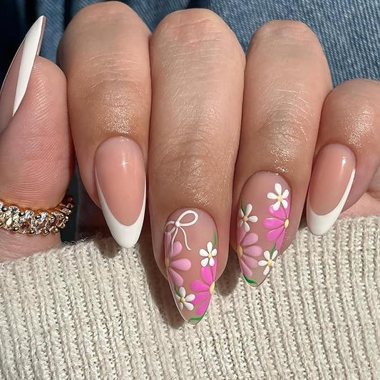 XZMeiLun French Tip Press On Nails Spring Summer Acrylic Nails for Women - Purpl Flower Designer Fake Nails Short Almond 24Pcs, Outdoor Picnic/Wedding/Party Reusable Glue On Stick On Nails