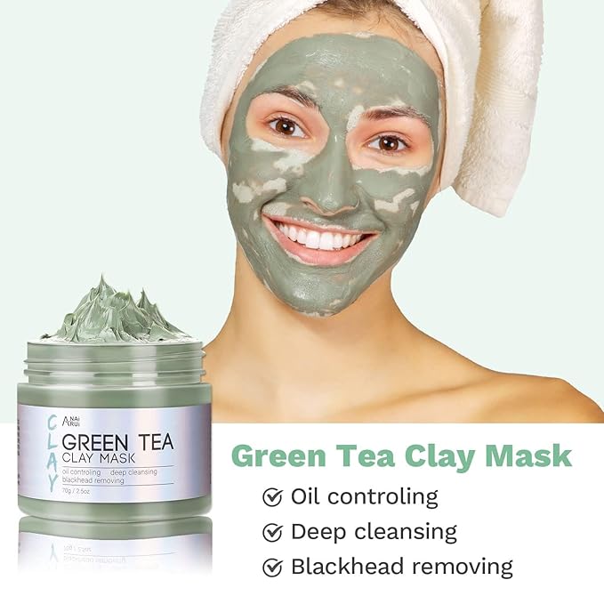 ANAI RUI 3 Pcs Face Mask Set - Turmeric Clay Mask - Green Tea Face Mask - Dead Sea Mud Mask for Oily Skin, Blackheads & Pores - Spa Gift Set Self Care Valentines Day Gifts for Women (2.5 oz Each)