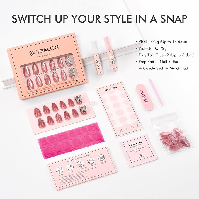 VSALON Press-On Nails Short Almond - Pink Cat Eye Chrome 3D Sculpting Metallic Design for Woman, Reusable Fake Nails & Soft Gel Nail Glue, Protector Cuticle Oil, Tabs & Nail File - 32 PCS in 16 Sizes