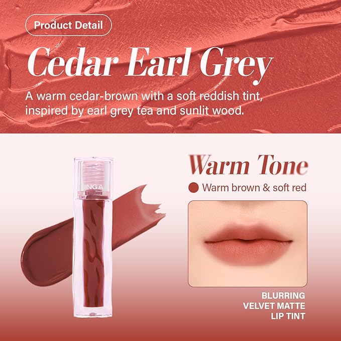 INGA Blurring Velvet Matte Lip Tint - Soft-Blur Matte Finish, Waterproof, Transfer-Proof, Long-Lasting Lip Stain, Lightweight Buildable Color with Hydrating Comfort (Cedar Earl Grey)