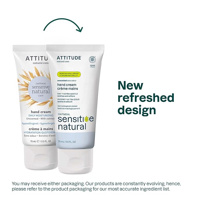 ATTITUDE Hand Cream for Sensitive Skin with Oat, EWG Verified, Dermatologically Tested, Vegan, Unscented, 2.5 Fl Oz