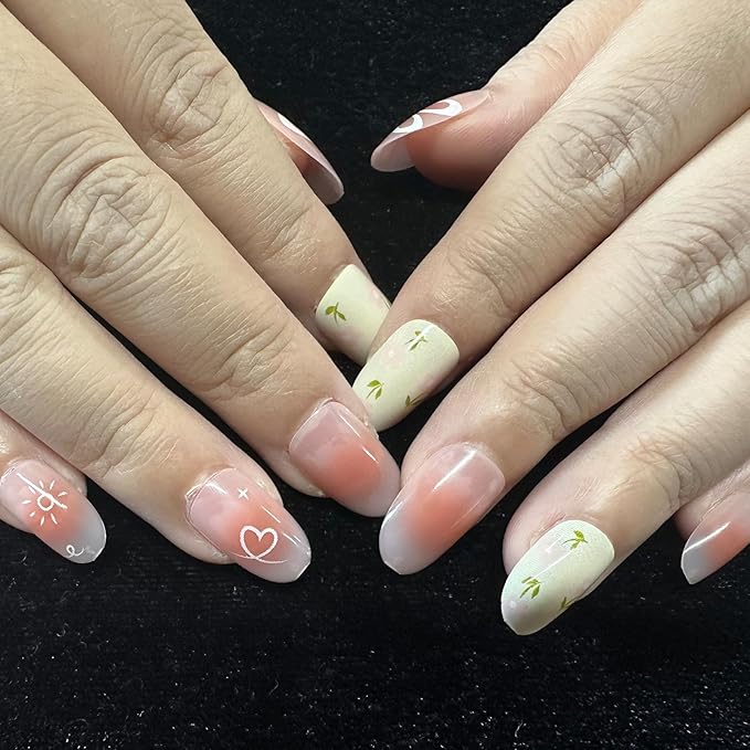 JONKASIPA Floral Press On Nails Square Pink Cute Patch Nails Reusable Adhesive Nails for Women 24 Pcs