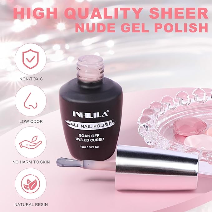 NXJ INFILILA Light Pink Gel Nail Polish, 15ml Baby Milky Pink Soak Off UV LED Gel Polish Long Lasting Shiny, Nude Jelly Sheer Translucent Color for Salon and Nail Art DIY at Home N08