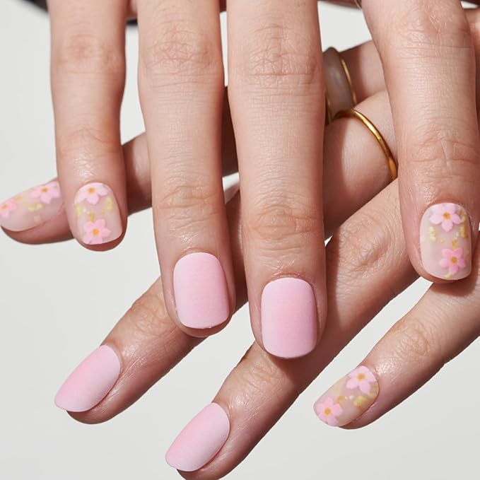 GLAMERMAID Light Pink Extra Short Press on Nails, Spring Summer Floral Fake Nails Short Squoval with Sakura Design, Matte Square Glue on Nails, Acrylic False Nails, Glossy Round Fake Nails for Women