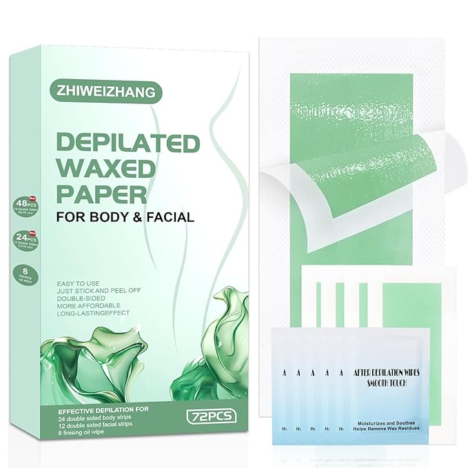 72PCS Wax Strips for Hair Removal for Women & Men: 48 Body &24 Face Waxing Strips + 8 Oil Wipes | At-Home Waxing Kit for Body, Bikini, Brazilian, Chest, Arms, Legs & Back | Hypoallergenic with Aloe