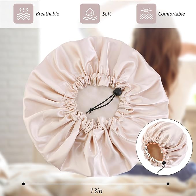 Satin Silk Bonnet for Curly Hair Bonnet Braid Bonnet for Sleeping Bonnets for Women Large Double-Layer Adjustable(Champagne&Pink)