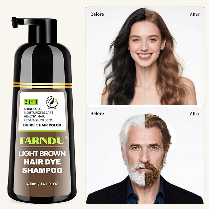 Farndu Light Brown Hair Dye Shampoo, 3 in 1 Instant Hair Color with 15 Min Gray Coverage, Natural Semi-Permanent Herbal Shampoo for Men & Women