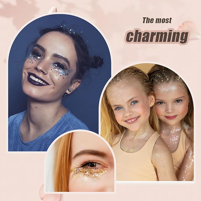 Face Body Glitter, Hair Glitter Sparkles Chunky Face Glitter Gel for Girls Makeup Singer Concerts Mermaid Festival Sequins Face Paint (White+Silver+Pink+Gold+Light Blue+Green+Rose Red)