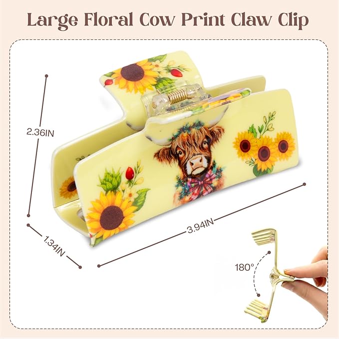 Medium Hair Claw Clips with Cow Sunflower Design, Jaw Clip for Hair, Non-Slip Strong Hold Hair Clamps for Thick & Thin Hair, Animal Hair Accessories for Women Daily Wear, Travel, Party Decor