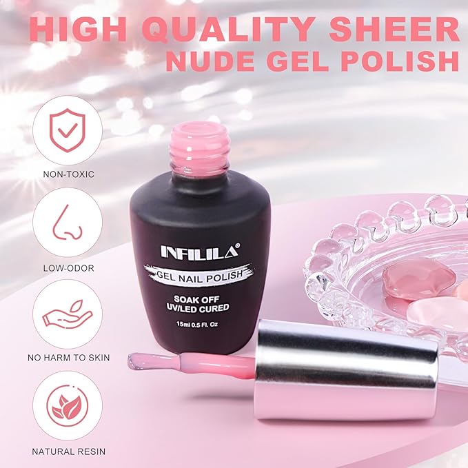 NXJ INFILILA Light Pink Gel Nail Polish, 15ml Baby Milky Pink Soak Off UV LED Gel Polish Long Lasting Shiny, Nude Jelly Sheer Translucent Color for Salon and Nail Art DIY at Home N19