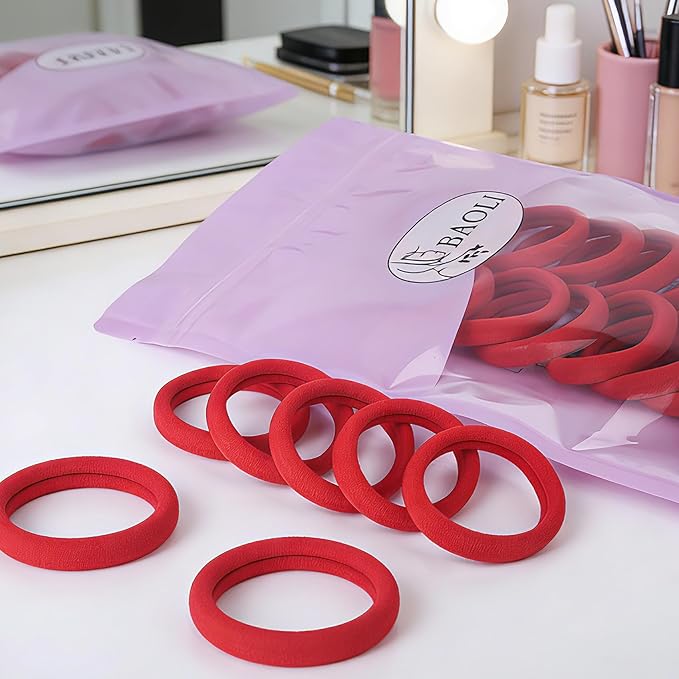 100PCS Red Seamless Hair Ties, Large Gentle Hair Bands No Damage, Soft and Stretchy Cotton Fabric Nylon Elastic Ponytail Holders for Women, 2 Inch in Diameter, by BAOLI