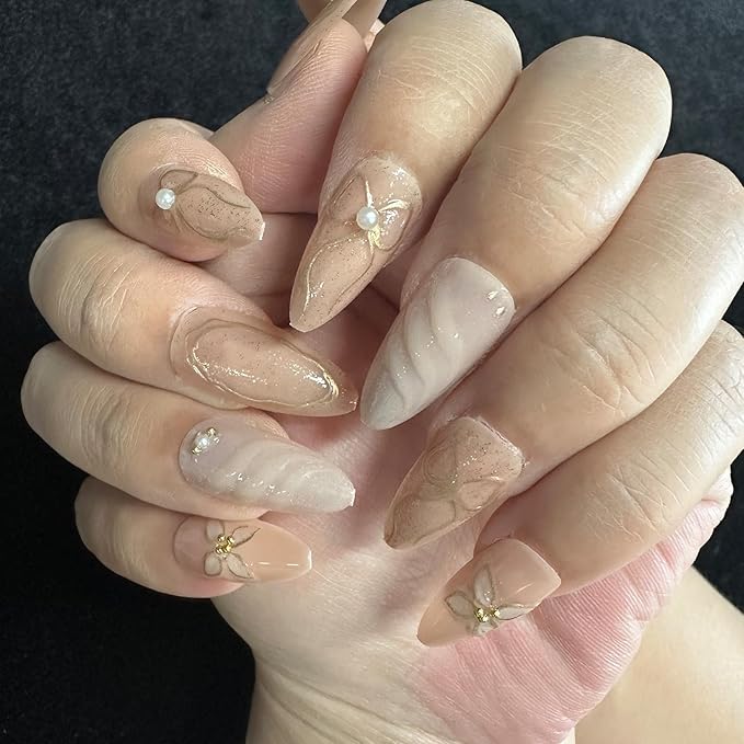 JONKASIPA French Almond Nail 3D Pink Floral Bow Nail Gloss Full Coverage Gel Patch Nails 24pcs Set