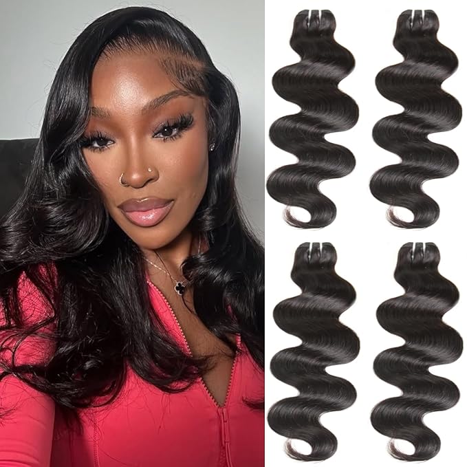 Human Hair Bundles 4 Bundles 16 18 Inch 12A Body Wave Bundles Human Hair 100% Unprocessed Brazilian Virgin Hair Quick Weave Natural Black for Women (16/16/18/18 Inch, 4 Bundles)