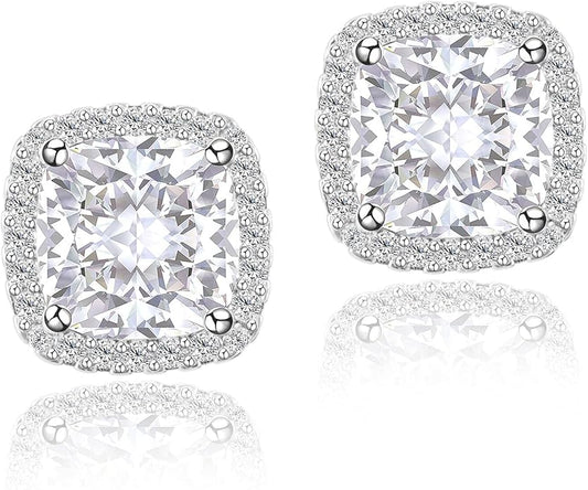 YOMELA Cubic Zirconia Earrings Studs, Halo CZ Birthstone Simulated Diamond Stud Earrings for Women