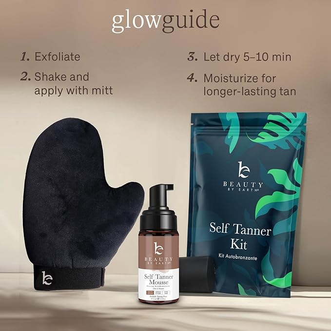 Self Tanner Tanning Mousse Kit - USA Made with Natural & Organic Ingredients, Self Tanner Mousse and Mitt, Tan Kit, Fake Tan Tanning Foam, Fair to Medium, Sunless Tanners Best Sellers