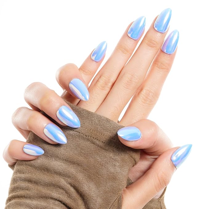 GLAMERMAID Light Blue Mirror Chrome Press On Nails Short Almond, Golden Donut Glazed Handmade Soft Jelly Gel Fake Nails, Round Oval Stick Glue on Nails Kit for Women, Reusable Acrylic False Nail Set