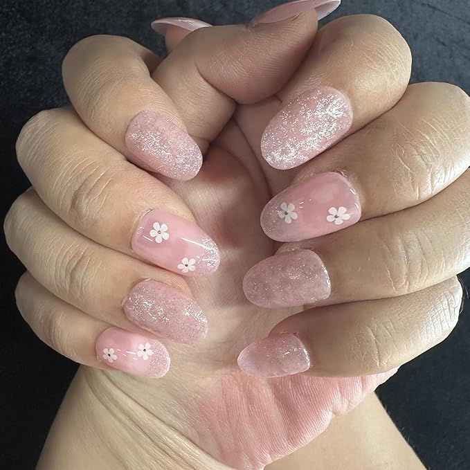 JONKASIPA Floral Press On Nails Short Lightweight Fake Nails Cute Artificial Acrylic Nails Full Coverage Reusable Adhesive Nails Suitable for Women 24 Pcs Set