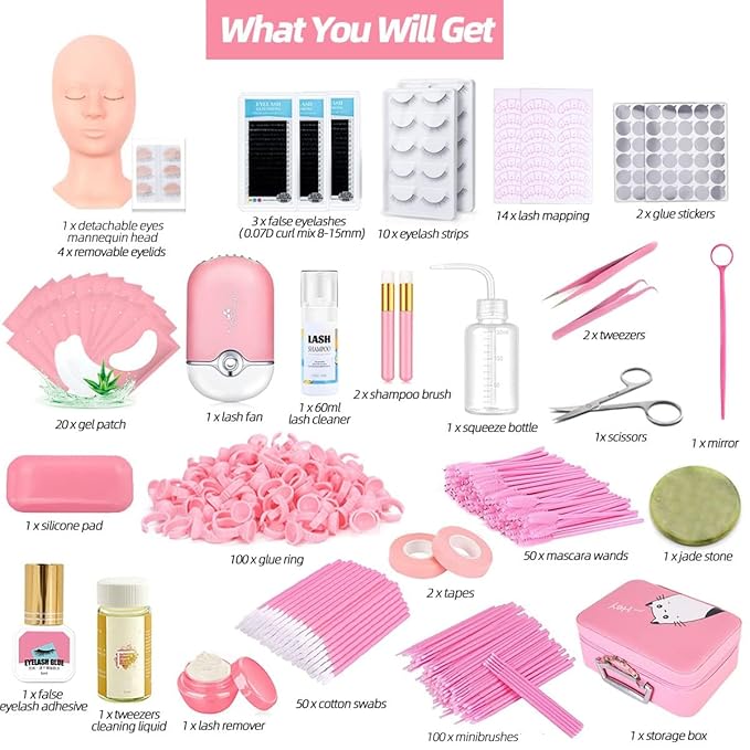 Lash Extension Kit Professional Eyelash Extensions Practice Set with Mannequin Head Removable Eyelids USB Lash Fan Individual False Eyelash Shampoo Brush Glue Practical Tools for Beginners