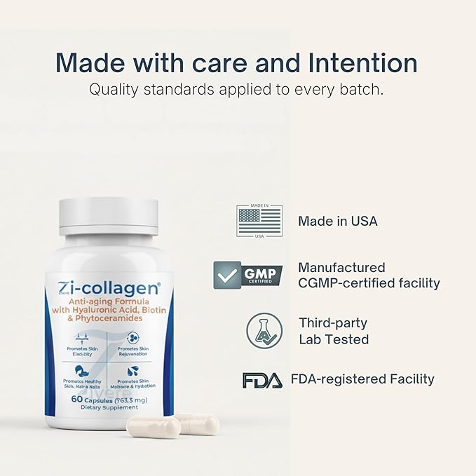 Zi-Collagen Marine Collagen Capsules for Skin, Hair & Nails - Advanced Beauty Formula with Phytoceramides, Hyaluronic Acid, Biotin & Vitamins A, C, D3 & E (60 Capsules)