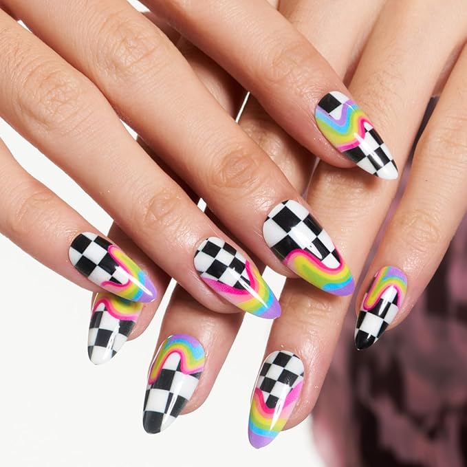 GLAMERMAID Rainbow Press on Nails Medium Almond, Y2K Rainbow Crush Gel Glue on Nail with Checkerboard Color, Glossy Short Stiletto Reusable Fake Nails, Acrylic False Nails Manicure Kit for Women