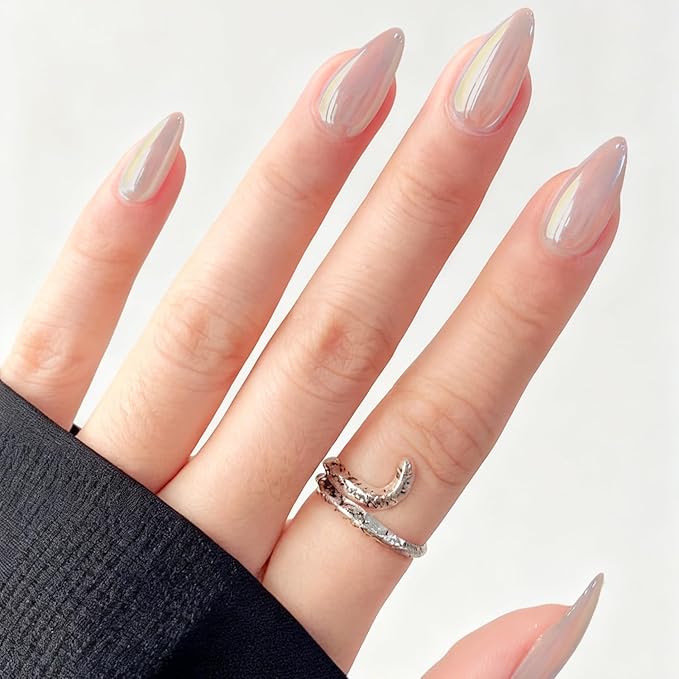 GLAMERMAID Chrome Press On Nails Medium Almond, White Handmade Metal Fake Nails Stiletto, Glitter Glazed Donut False Nail Short Oval, Glossy Natural Reusable Acrylic Stick Glue on Nails Kit for Women