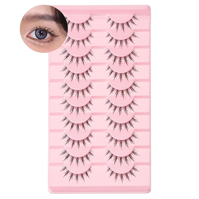 outopen 10 Pairs Manga Lashes Natural Look False Eyelashes Wispy Spiky Anime Lashes Korean Japanese Asian Style Cosplay Fake Eyelashes with Clear Band