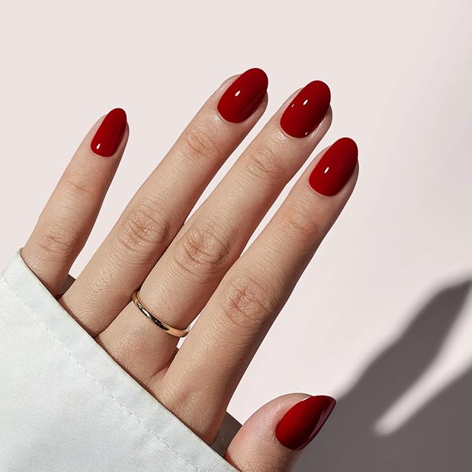 BTArtbox Press On Nails Short - Valentines Red Press on Nails Short Oval Nails Fake Nail with Nail Glue, Fit Perfectly, Reusable Glue On Nails in 16 Sizes, Cardinal
