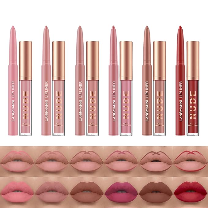 Jolilab 12Pcs Matte Lip Liner + Liquid Lipstick Set, One Step Velvety Nude Lip Stain Waterproof Long Wear High Pigment Lip Makeup Gift Set(Set B