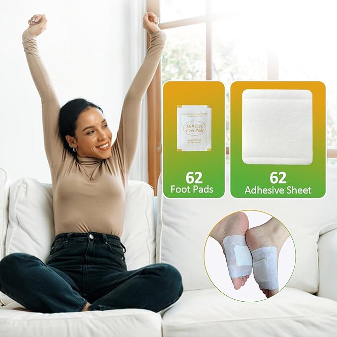 TEWEAE 62 Pads Ginger Foot Pads, Natural Turmeric & Ginger, Wormwood, Bamboo Vinegar, for Winter Better Sleeping, Included 62Pads Goodnight Patches and 62 Adhesive Sheets