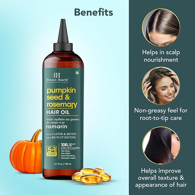 Botanic Hearth Hair Oil for Hair Growth & Hair Relaxer | Strengthening Dry, Frizzy, Damaged Hair & Scalp Treatment | Rosemary & Pumpkin Hair Oil – 6.7 Fl Oz