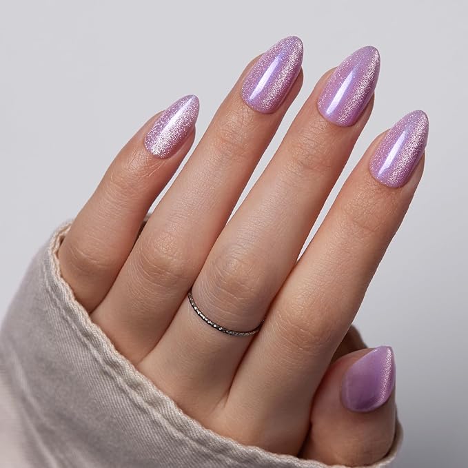 VSALON Press on Nails Short Almond - Purple Cat Eye Glitter Nails Kit for Women, Lilac Valentines Opaque Gel Fake Nails with Glue & Cuticle Oil - 32 PCS Stick On Nails in 16 Sizes (Iris)