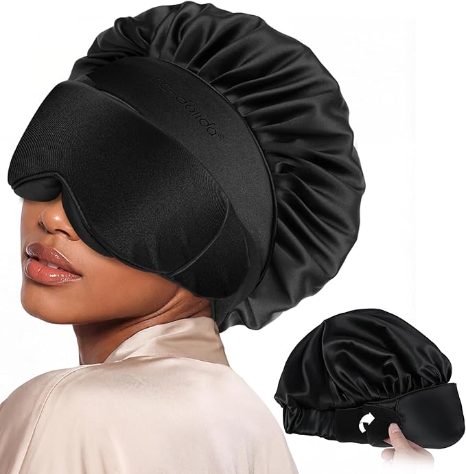 LC-dolida Satin Silk Bonnet for Sleeping Women Men, 2-in-1 Adjustable Hair Bonnet for Curly & Natural with Sleep Mask