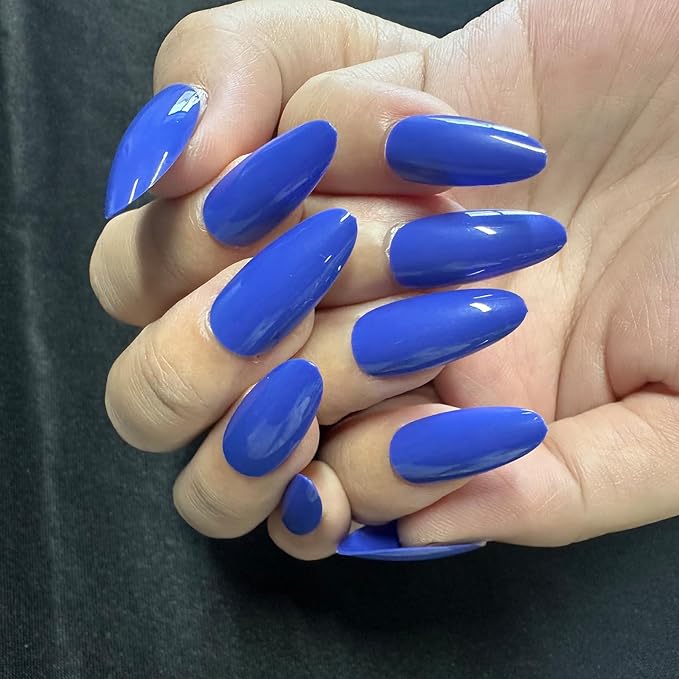 JONKASIPA Medium Almond Nails (Short) - Blue Pressed False Nails, Oval French Nails, Perfect Fit and Reusable Women's Nails, 12 Size Nail Set