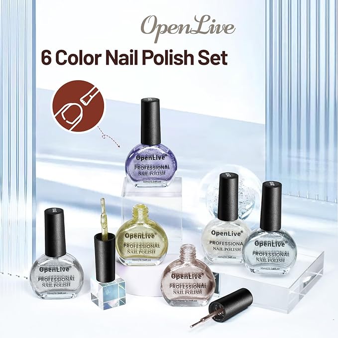 OpenLive 10ml Glitter Nail Polish Set 6 Colors Glitter Effect All Seasons Neutral Color Quick Dry Nail Polish Set for Women Salon DIY Nail Art