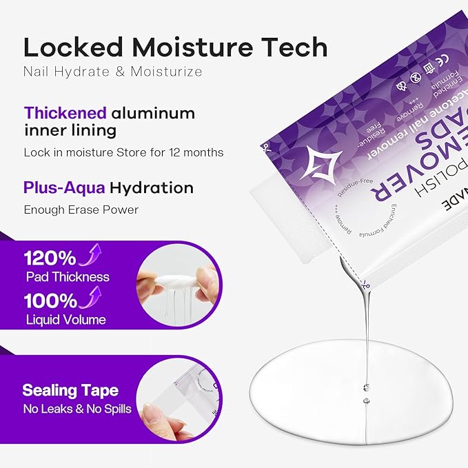 Glamonade Nail Polish Remover Pads: Acetone Nail Polish Remover Wipes 50 PCS Professional Individually Wrapped Wet Wipes Rapidly Remove Gel Fingernail Polish Travel Kit for Home & Salon Supplies
