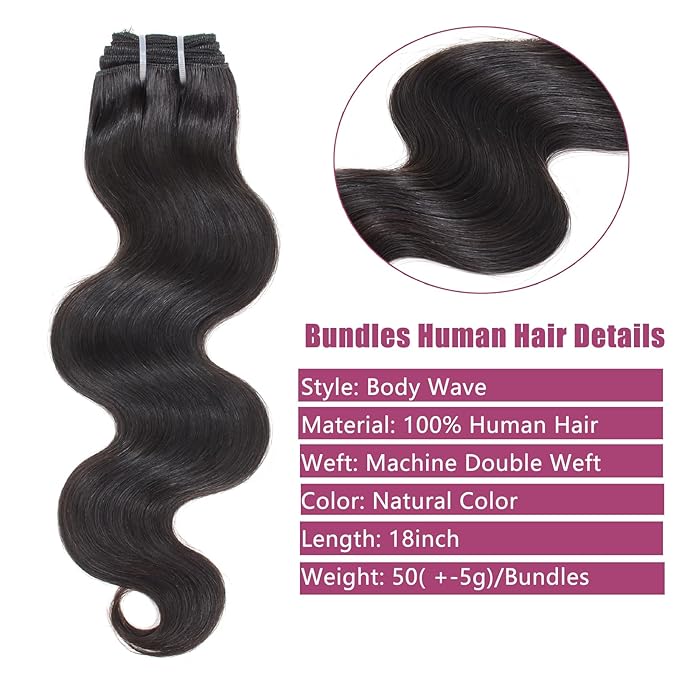 Human Hair Bundles 18 Inch 1 Bundle 12A Body Wave Bundles Human Hair 100% Unprocessed Brazilian Virgin Hair Weave Single Human Hair Bundles Natural Black Color (18 Inch)