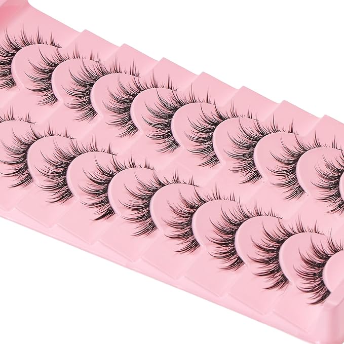 outopen 10 Pairs Manga Lashes Natural Look False Eyelashes Wispy Spiky Anime Lashes Korean Japanese Asian Style Cosplay Fake Eyelashes with Clear Band