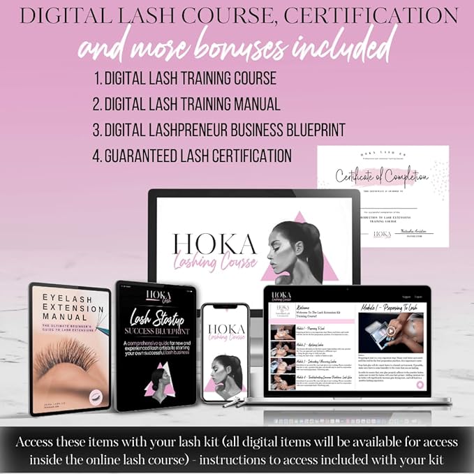 Hoka Lash Eyelash Extension Kit & Training Course and Certification, Professional Lash Extension Kit for Beginners Includes Practice Mannequin Head, Lash Trays, Glue, Tweezers, Fan & More