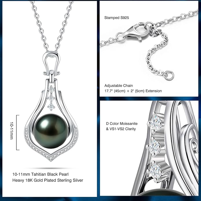 Genuine Tahitian Black Pearl Necklace for Women, 9-13mm AAAA Seawater Pearl - Sterling Silver Moissanite Pendant, Wedding Anniversary, Birthday, Christmas Gift for Wife, Mom, Girlfriend, Fine Jewelry