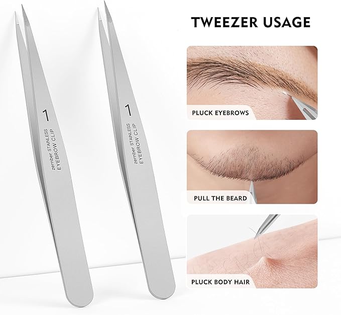 ZERNBER Pointed Tweezers for women Facial hair, Precision Tweezers for Eyebrows, Chin Hair，Ingrown Hair, Splinters, Glass Removal（Silver）