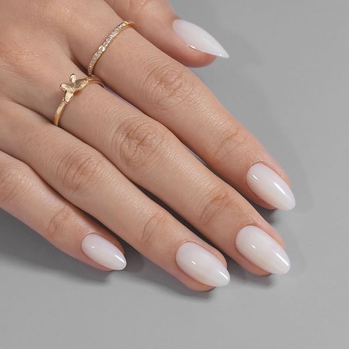 SHANGMENG White Press on Nails Short - Soft Gel Almond Press on Nails for Women Gift, Fit Perfectly & Natural Glue on Nails in 16 Sizes - 32 Reusable Fake Nails with Glue, Milky White