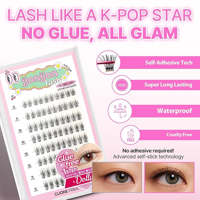 CLIONE PRIME Korean Self Adhesive Lash Clusters Dramatic Look No Glue Press On Pre Bond Lash Clusters Fluffy Self Adhesive False Eyelashes No Glue Needed Reusable Wispy Eyelash Extensions
