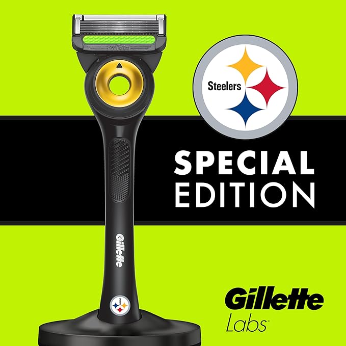 Gillette Labs Special NFL Steelers Edition Shaving Razor for Men - 1 Handle, 4 Razor Blade Refills & Magnetic Stand, GilletteLabs with Exfoliating Bar