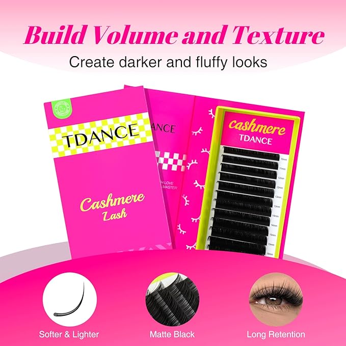 TDANCE Cashmere Lash Extensions Super Matte Black Volume Lash Extension C CC D DD B J L Curl 0.03-0.2mm Thickness Classic Lash Extensions Eyelash Extensions Professional Salon Use(0.05-DD,14mm)