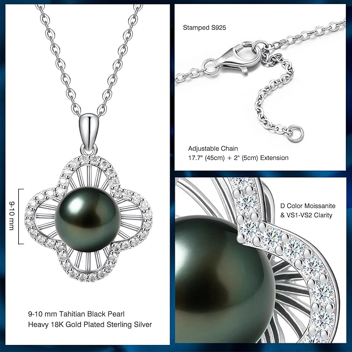 Genuine Tahitian Black Pearl Necklace for Women, 9-13mm AAAA Seawater Pearl - Sterling Silver Moissanite Pendant, Wedding Anniversary, Birthday, Christmas Gift for Wife, Mom, Girlfriend, Fine Jewelry