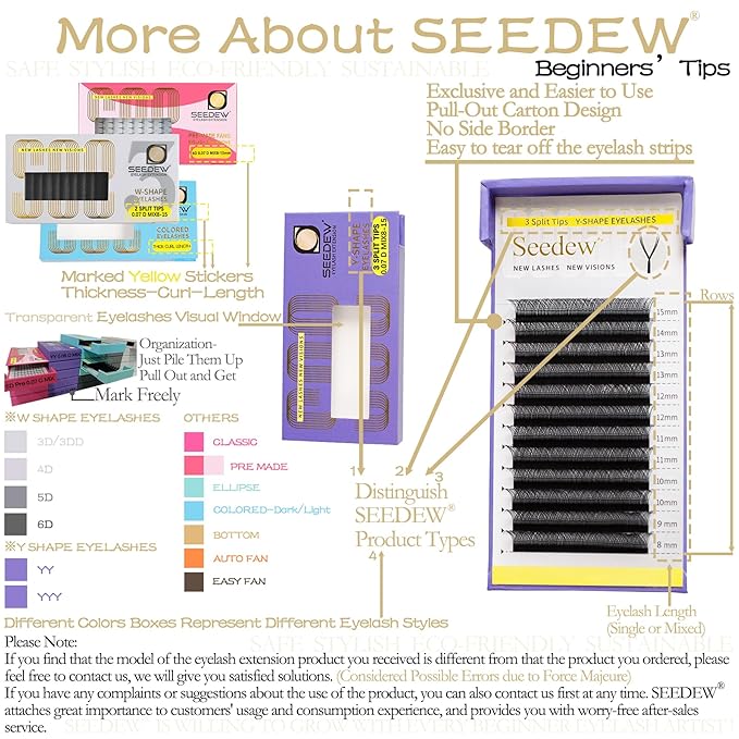 SEEDEW 3D-Double Tips Lash Extensions, 0.07mm D Curl MIX8-15mm 12 Rows/Tray, W Shape 3DD Flat Stem, PBT Natural Eyelashes for Beginner Artist, Lash Tech, Beauty Salon(3DD-Matte Black-0.07-D-MIX8-15mm)